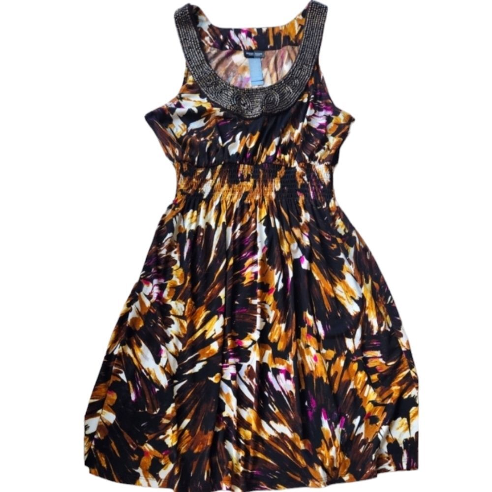 Bisou Bisou by Michele Bihbot Abstract Print Dress w/ Wood Beaded Neckline Sz 8